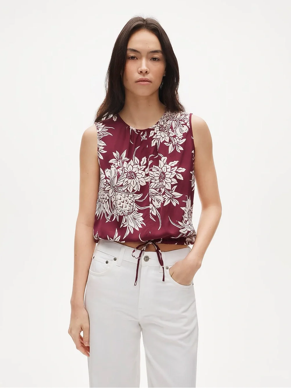 J Crew Drawstring-waist tank top in pineapple garden sateen